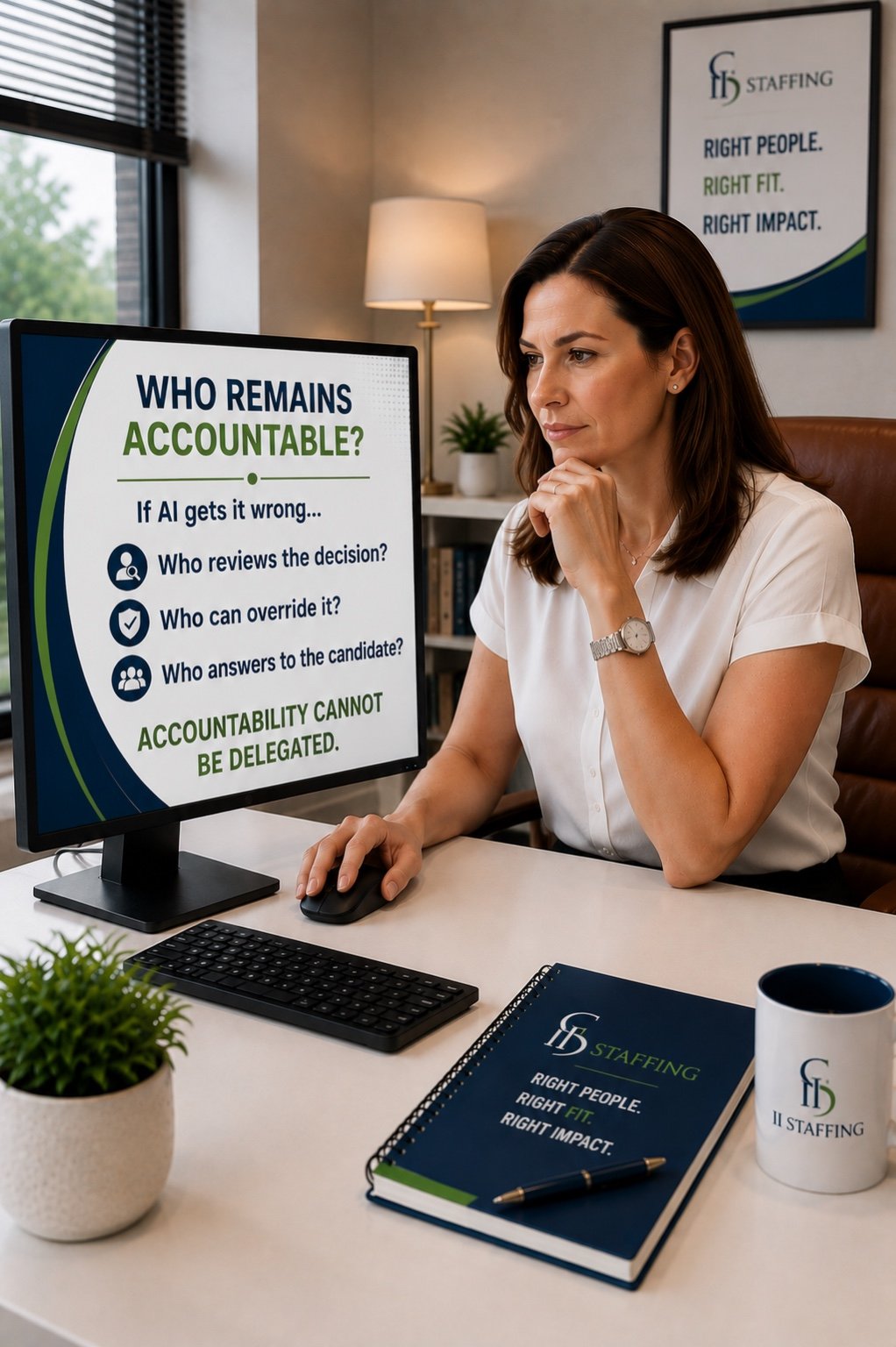 HR professional reviewing who remains accountable for AI decisions, including review, override, and candidate communication.